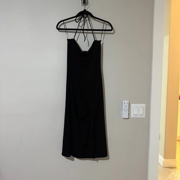 Reformation Black Ribbed Hilo Twist Dress with High Slit